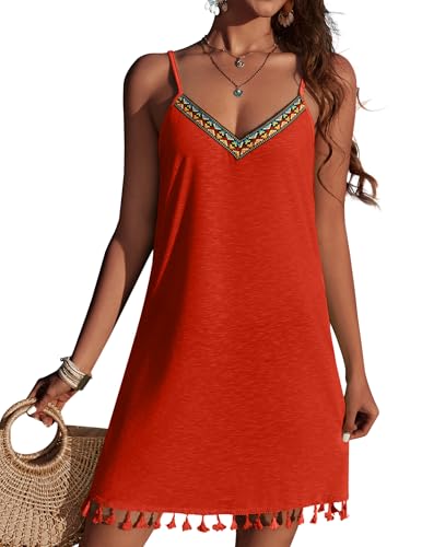 Ekouaer Robe De Plage sans Bretelles pour Femme Tunique De Plage Imprimé Bohème Cache-Maillot Robe De Plage Sexy Robe D'été Rouge M