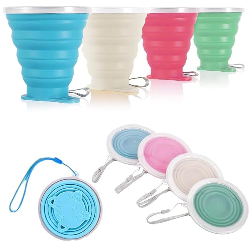 Vueinrg 4 Piezas Vasos Plegables Silicona con Tapa Reutilizable Tazas Plegables 250ml Vaso Portatil Taza de Viaje Plegable Copa de Viaje Irrompible Taza para Senderismo Exterior Cámping Deportes