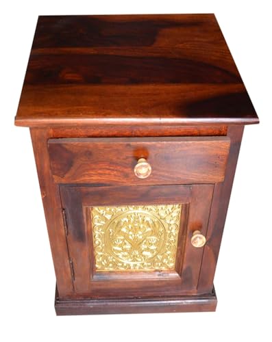 Image of Solid Sheesham Wood Bedside Table for Bedroom | Handmade Pure Wooden Bed Side Nightstand End Table with 1 Drawers & 1 Open Shelf Storage for Home & Bed Room | Rosewood, Dark Brown Finish