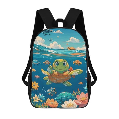 17 Inch Backpack for Travel, Turtle Academy Print Modern Backpack Shoulder Bag with Adjustable Straps, Side Pockets & Reinforced Bottom