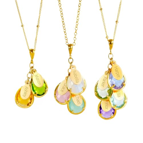 Danique Jewelry Mom Necklace with Kids Names and Birthstones • 925 Silver or Gold Filled...