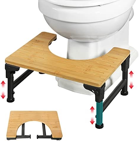 Bamboo Toilet Stool Iron 7''&9'' Adjustable Heights Foldable Iron Toilet Assistance Poop Steps with Non-Slip Layer for Adults Children Pregnant Women Bathroom