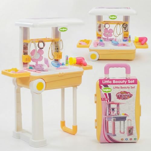 Image of Baybee Beauty Set Toys for Girls | Kids Makeup Set with Trolley Suitcase, Pretend Role Play Toys with Make up Table, Hair Accessories & Styling Tools, Portable Toy Set for Girls 3+ Years (Yellow)