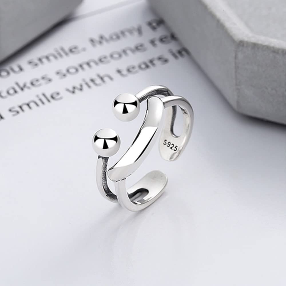 925 Sterling Silber Doppelter geometrischer Öffnungsring, Kreativer Ausdruck Smiley Ring, Einfacher Schmuck Geschenke für Männer und Frauen