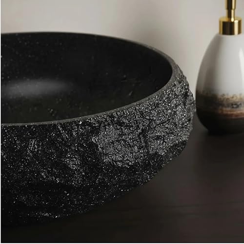 Image of BASSINO 20x15x6 Inches Artificial Stone Table Top Washbasin /Black Stone Texture Luxury Countertop Sink /Modern Rock Finish Wash Basin for Home-Hotel /Small Designer Oval Shape Basin for Bathroom(Matte)