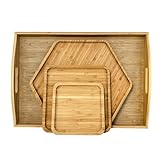 PAFREWOG Bamboo Serving Trays Charcuterie Platter 16.5'x11.8'（42x30cm with Handle, Set Includes 1xHexagon 12.5'(32cm)+1xSquare 7.8'(20cm)+1xSquare 5.9'(15cm) Small Plates for Family Dinner