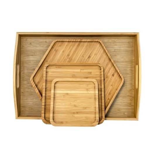 PAFREWOG Bamboo Serving Trays Charcuterie Platter 16.5"x11.8"（42x30cm with Handle, Set Includes 1xHexagon 12.5"(32cm)+1xSquare 7.8"(20cm)+1xSquare 5.9"(15cm) Small Plates for Family Dinner