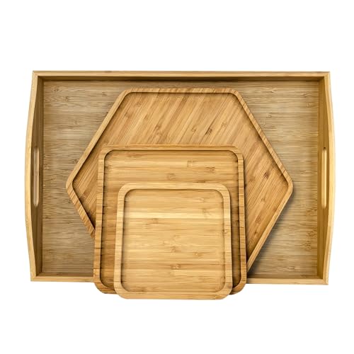 PAFREWOG Bamboo Serving Trays Charcuterie Platter 16.5'x11.8'（42x30cm with Handle, Set Includes 1xHexagon 12.5'(32cm)+1xSquare 7.8'(20cm)+1xSquare 5.9'(15cm) Small Plates for Family Dinner