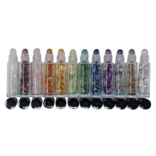 Gemstone Roller Balls | Essential Oil Bottles w/Gemstone Chips | 12 Natural Crystals + Precious Stones | 12 Black Tops + 10ml Glass Bottles Included (Filled with Gemstone Chips)