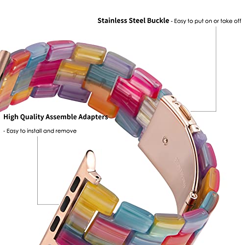 HOPO Compatible With Apple Watch Band 38mm 40mm 42mm 44mm Thin Light Resin Strap Bracelet With Stainless Steel Buckle Replacement For iWatch Series 8 7 6 5 4 3 2 1 SE (Rainbow/Rose Gold,38/40/41mm) - Thumbnail 3