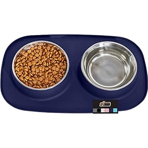 Gorilla Grip 100% Waterproof BPA Free Cat and Dog Bowls Silicone Feeding Mat Set, Stainless Steel Bowl Slip Resistant Raised Edges, Catch Water, Food Mess, No Spills, Pet Accessories, 1 Cup, Navy