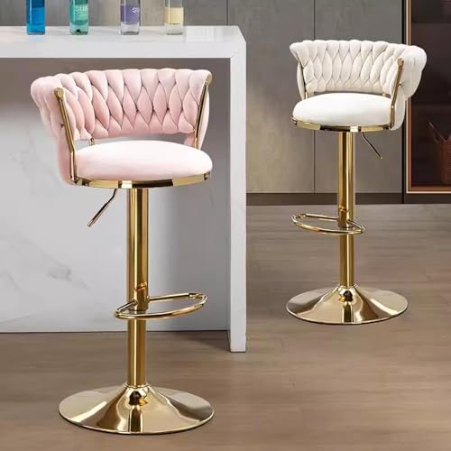 Butaco ajustable de altura, con respaldo bajo y reposapiés, giro de 360°, tapizado en terciopelo rosa con base y patas metálicas doradas, para barra, isla de cocina o pub miniatura 2
