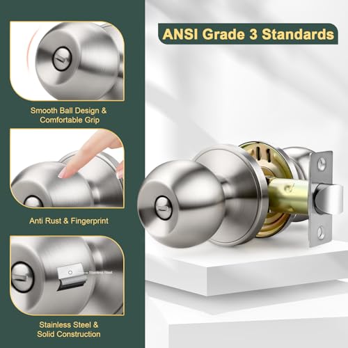 Lepushom 6 Pack Bathroom Door Knob, Door Knobs Interior Without Keys, Brushed Nickel Door Knobs for Bedroom and Office, Privacy Function, Modern and Sturdy Finish by Lepushom - Used condition - Image 3