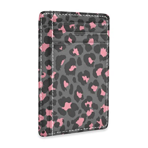 susiyo Pink Gray Leopard Prints Slim Minimalist Wallets Rfid Blocking Card Wallets PU Leather Front Pocket Wallets for Men Women