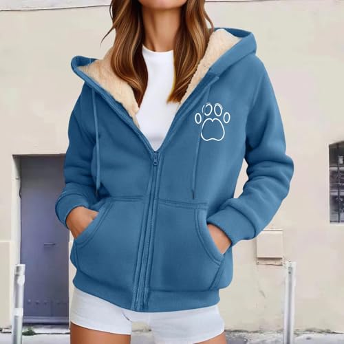 Generisch Damenjacke mit Hundepfoten-Aufdruck, Sherpa-Futter, Sweatshirts, Herbst, Klassische Damen-Kapuzen-Sweatshirts, warmes Microfleece, weiblich, lässig, Streetwear, himmelblau, L