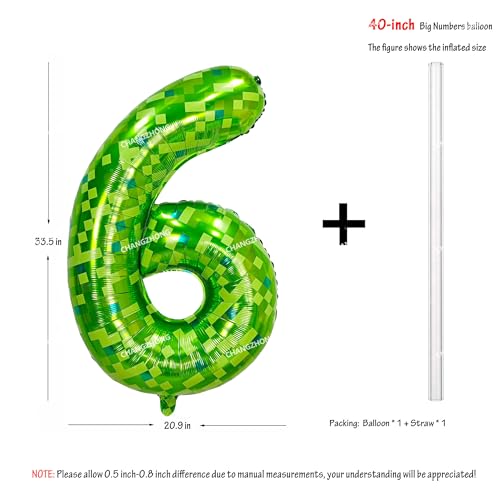Image of 40 inch giant Green pixel miner game number 6 balloon | Large mining theme foil balloon 0-9 for pixel game parties children's birthdays party anniversary baby shower decoration