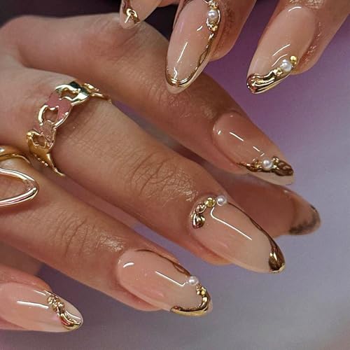 24Pcs Chrome Gold Press on Nails Medium Almond Fake Nails French ...