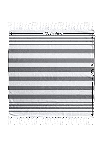 Cottonna 100% Luxury Turkish Cotton Oversized Beach Blanket, 80" By 80", Peshtemal Front With Terry Loop Back, Fouta Blanket, Throw, Terrypesh Beach Towel Queen Size (Gray Stripes) #TOP3