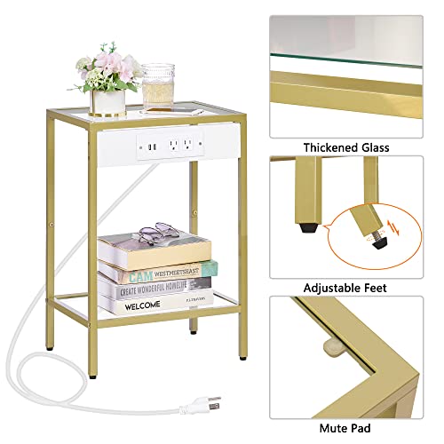 Homsho 2-Tier End Table With Charging Station, Set Of 2 Side Tables With Usb Ports, Tempered Glass Table Couch Table With Metal Frame, Nightstand For Small Spaces,Bedroom, Living Room, (2, Golden) #TOP4