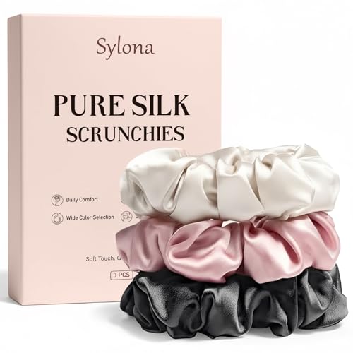 Silk Hair Scrunchies for Women - Mulberry Silk Hair Bobbles for Less Frizz & Breakage 3 Pack Satin Softer&Durable Elastic Hair Ties (Pink Black Champagne)