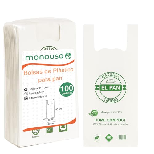 Monouso | 100 Bolsas de Plástico Biodegradable para Pan, 30x60cm, Compostables, Bolsas con Asas, Bolsas Camiseta, Comercio, Multiuso