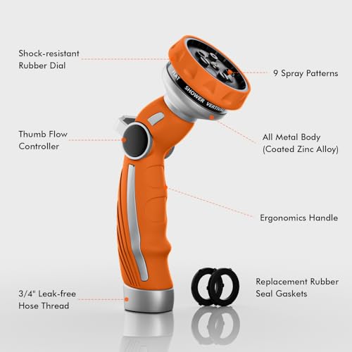 Image of RESTMO Hose Nozzle Heavy Duty, Metal Water Hose Sprayer for Garden | 9 Spray Patterns, High Pressure, Thumb Flow Control, On /Off Valve, Ideal for Outdoor Lawn & Plant, Car & Pet, Orange