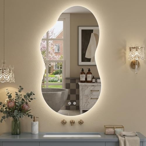 Image of Irregular LED Mirror with Lights 40x24 Inch Backlit Asymmetrical Bathroom Mirrors for Wall Cloud Lighted Vanity Mirrors Shatterproof, Anti-Fog, Dimmable, 3 Colors (Horizontal /Vertical)