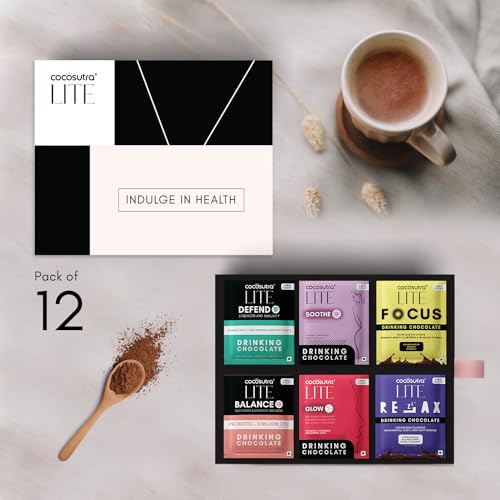 Image of Cocosutra LITE Sugar Free Drinking Chocolate Hamper | 2*6 Single Serve Sachets | 6 Function Based Hot Chocolate Mix | Zero Sugar, Low Carb, Low Calorie |Stevia & Erythritol based |Gift Box|Vegan, 240g