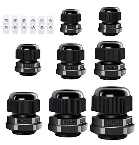 Preisvergleich Produktbild Kabelverschraubung Wasserdichte Kabelsteckverbinder Einstellbar IP68 Kabelverschraubungen PG7, PG9, PG11 PG13.5, PG16, PG19, PG21, PG25 Schwarz Nylon Kunststoffdrüsen(46 Stück) (PG SET)