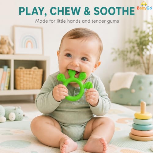 Image of BabyGo 2-in-1 Baby Teether & Sensory Ring | Soft Silicone Multi-Textured Chew Toy for Gum Soothing | Mouthing & Sensory Development | Easy-Grip Toy for Infants 3-12 Months | Green | Pack of 1