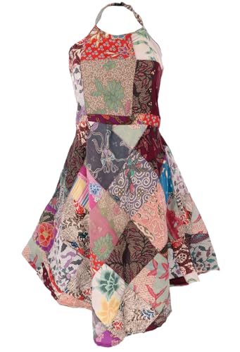 GURU SHOP Patchwork Unikat Sommerkleid, Neckholder Upcyceling Patchwork Kleid - Rot/bunt, Damen, Baumwolle