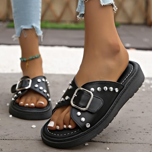 Womens' large-sized thick-soled flip-flops with rivets, belt buckles, exposed toes, breathable, outdoor and indoor beach4