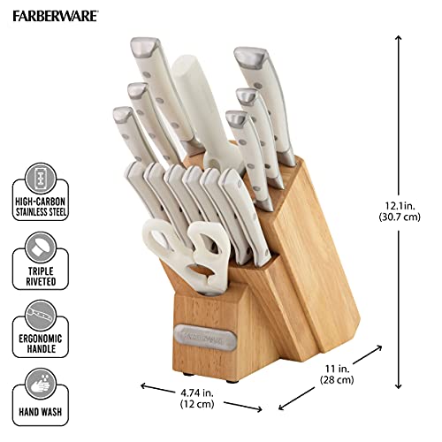 Farberware 15-Piece Forged Triple Rivet Knife Block Set, High-Carbon Kitchen Knife Set With Ergonomic Handles, 15-Piece Set, Razor-Sharp Knife Set, White #TOP3
