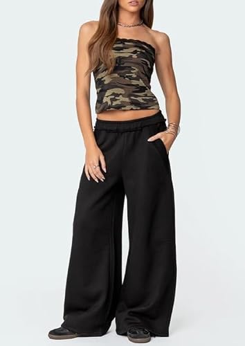 Pooyikoi Baggy Wide Leg Sweatpants Women Raw Hem Elastic Waist Oversized Sweatpants for Women Cotton Cozy Pants with Pockets (Black,Small) — view 3