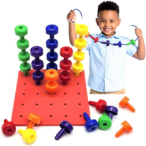 Blu Jay Foam Peg Board Toy - 36 Pegs Foam Board Lacing String Storage Bag - Occupational Therapy Toys - Fine Motor Skills Toys for Toddlers and Kids (Red)