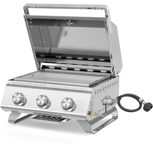 Electactic 3-Burner 24,000 BTU Portable Flat Top Propane Gas Grill, Heavy-Duty Stainless Steel 2-in-1 Tabletop Grill and Griddle Combo for Commercial BBQ, Outdoor Cooking, Camping,Tailgates & Backyard
