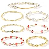 SHINUS BOHO 14K Gold Beaded Red Clover Stackable Bracelets for Women,7PCS/Set Boho Cross Pearl Beads Stretch Bracelets Stack Fashion Holiday Birthday Prom Jewelry Accessories Gift Friendship Sister