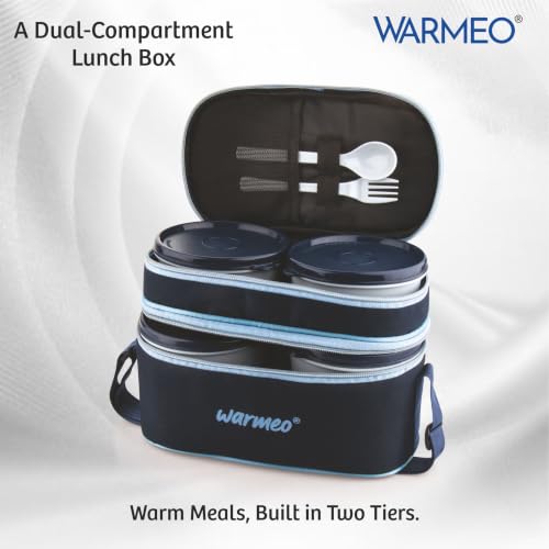 Image of WARMEO Micro Meal Microwave Safe Lunch Box | 1 Rectangular Container 600ml + 2 Round Containers 350ml Each + 2 Round Container 250ml Each + 1 Spoon + 1 Fork,Stylish Durable Jacket,Office,School,Blue