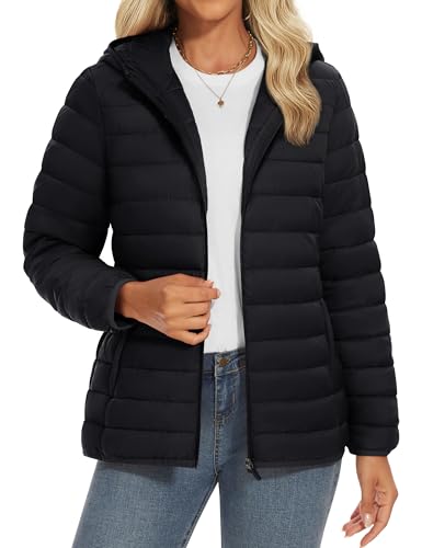 YUCOLEN Women's Puffer Jacket with Hood Lightweight Quilted Padded 4 Pockets Zip-up Coat Winter Jackets for Women