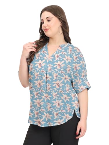Image of SINDOORI Relaxed Fit Tops for Women Plus Size Solid Printed Mandarin Collar, Band Collar, V-Neck Top, Half Sleeve Loose Fit