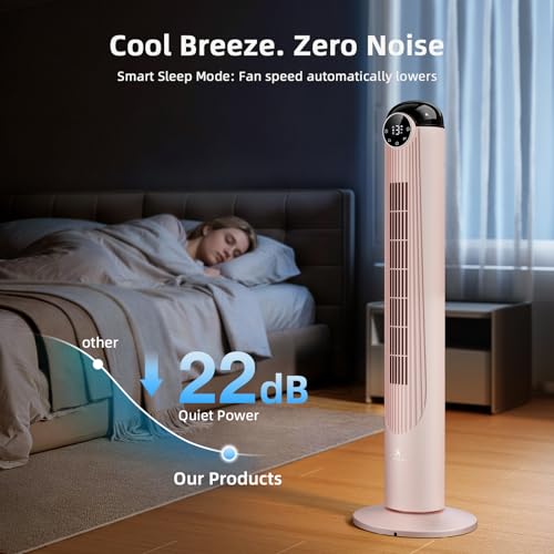 Image of Antarctic Star T42 Tower Fan-42 Inch, Bladeless Oscillating Fan with Remote, 6 Speeds & 4 Modes, LED Display, 9H Timer, Quiet Floor Standing Fan for Bedroom Living Room Office, Pink