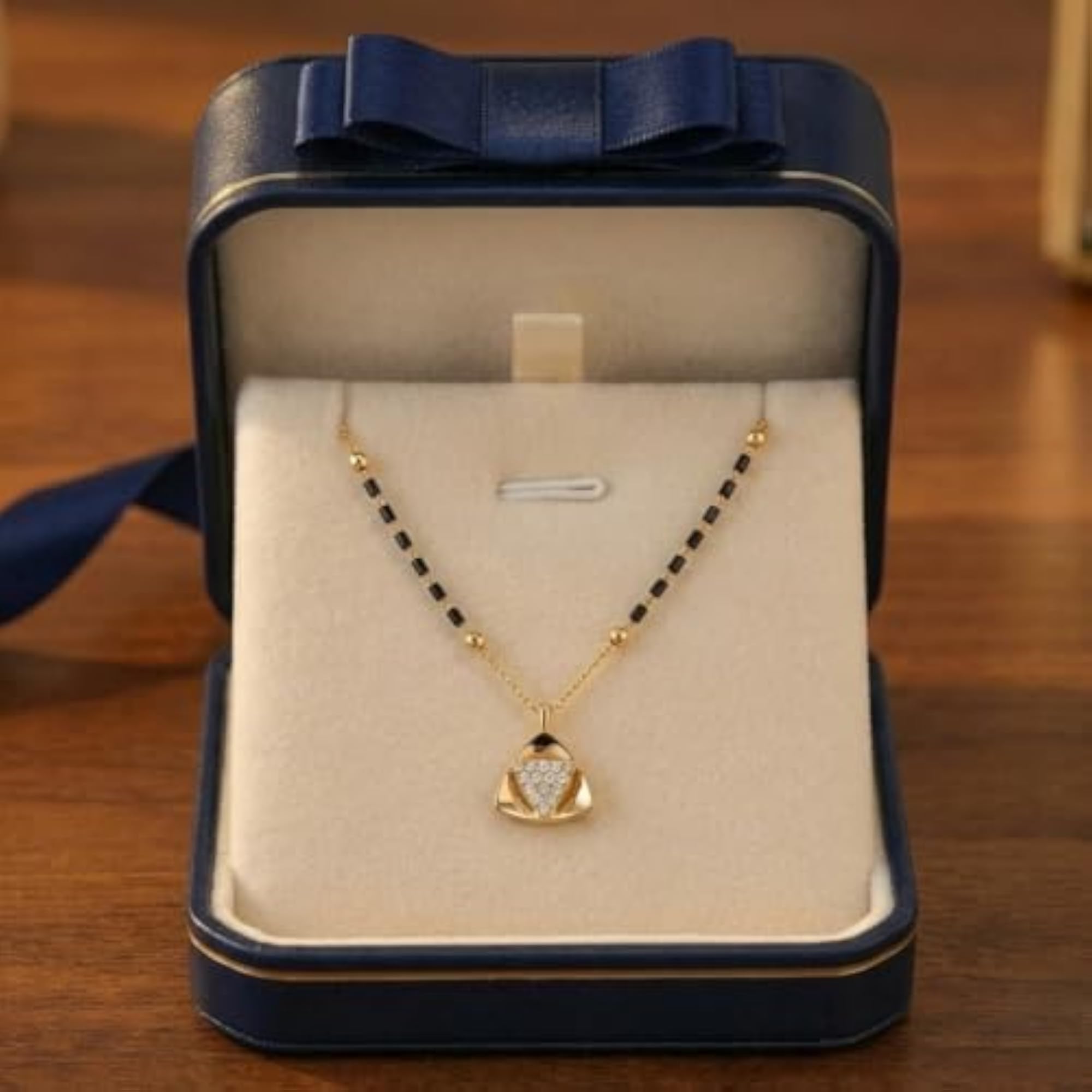 Gold Plated Mangalsutra Necklace with Black Beads & Double Round Diamond Pendant
