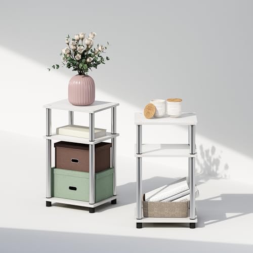 Image of Furinno Just 3-Tier Turn-N-Tube Open Storage Nightstand, 2-Pack, Plastic Poles, White Oak /Stainless Steel