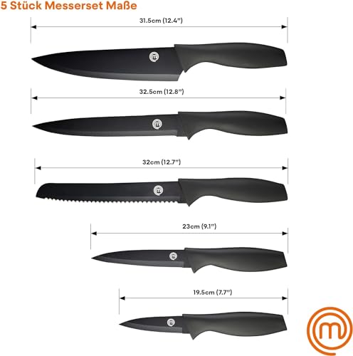 MasterChef Messer Set, Messerset mit Küchenmesser, Kochmesser, Brotmesser, Schälmesser & Allzweckmesser, Schneidemesser Küche Set, Scharfe Messer mit Edelstahlklingen, Softgriff, 5-teilig, Schwarz