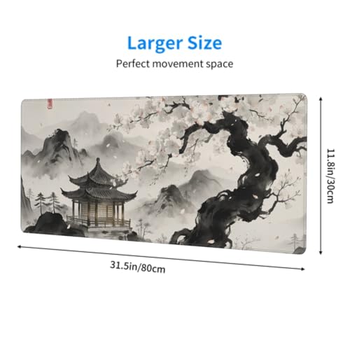 Image of Black Grey Japanese Mouse Pad 31.5x11.8 XL Watercolor Painting Cherry Blossoms Extended Large Mousepad Keyboard Mouse Mat Desk Pad with Non-Slip Rubber Base Stitched Edges for Home Office Game