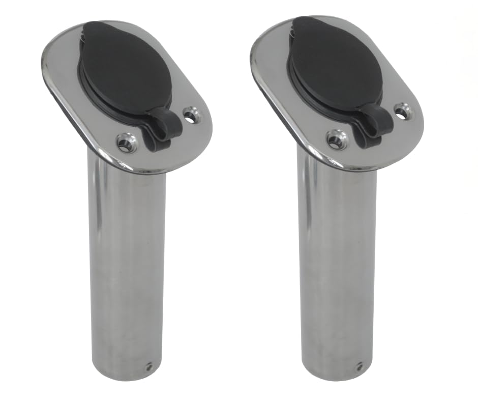 SeaLux Marine Boat 30 Degree SS Rod Holders, Flange 3-1/2"x 4-1/2", Flush Mount, Open Drain with pad, Black Liner and Cap
