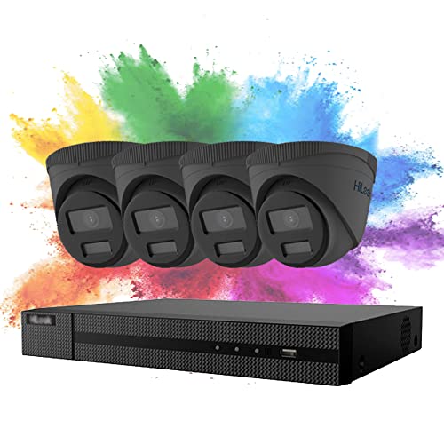 HiLook 4K NVR 5MP PoE CCTV Security Camera System, CCTV System with 4TB HDD NVR and 4X 5MP Motion Detection Outdoor Color VU PoE IP Cameras, 30M White Light Night Vision, IPC-T259H(C)&NVR-104MH-C/4P