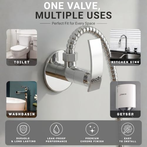 Image of GLOXY Premium Angle Valve for Bathroom with Delight Lever Combo Pack of 5 - One Way Angle Valve with Wall Flange - Angle Cock With Chrome Finish for Kitchen Sink, Bathroom & Wash Basin
