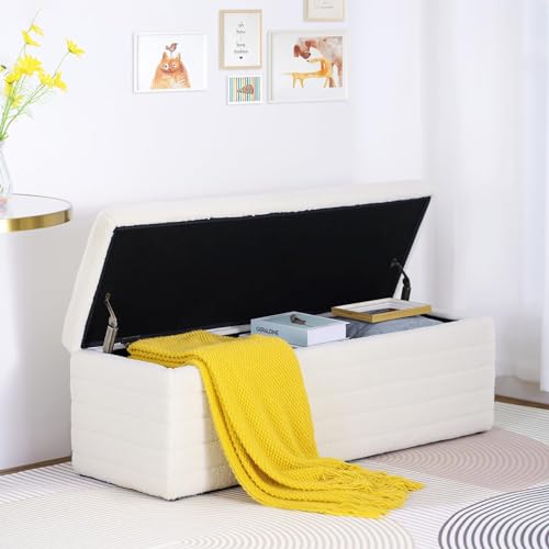 LEUTED Sitzbank mit Stauraum, Schuhbank mit Sitzfläche, Teddystoff Sitzhocker, Sitztruhe mit großem Stauraum Aufbewahrungsbox, Sitzbox für Schlafzimmer Wohnzimmer Weiß (118x40x40 cm)