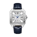 ASOROCK WATCHES Silver/White - Navy Blue Strap Diplomat | 42 mm Automatic Homage Mens Watch | Vintage Square Tank Silhouette Watch